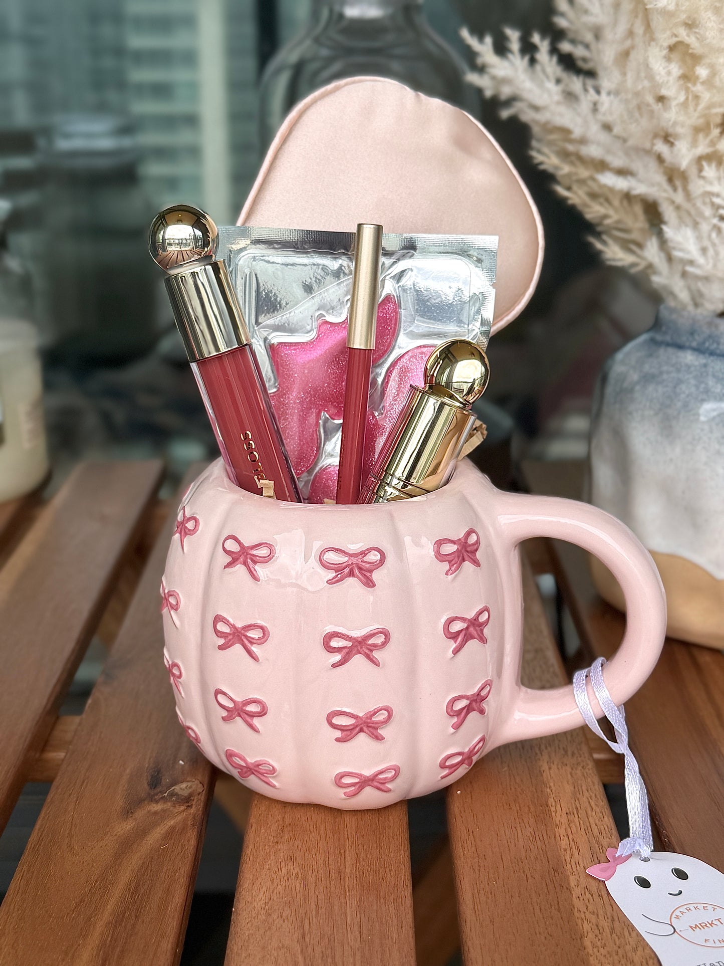 Hand painted pink bow mug with lip set, satin eye mask, and under eye patch