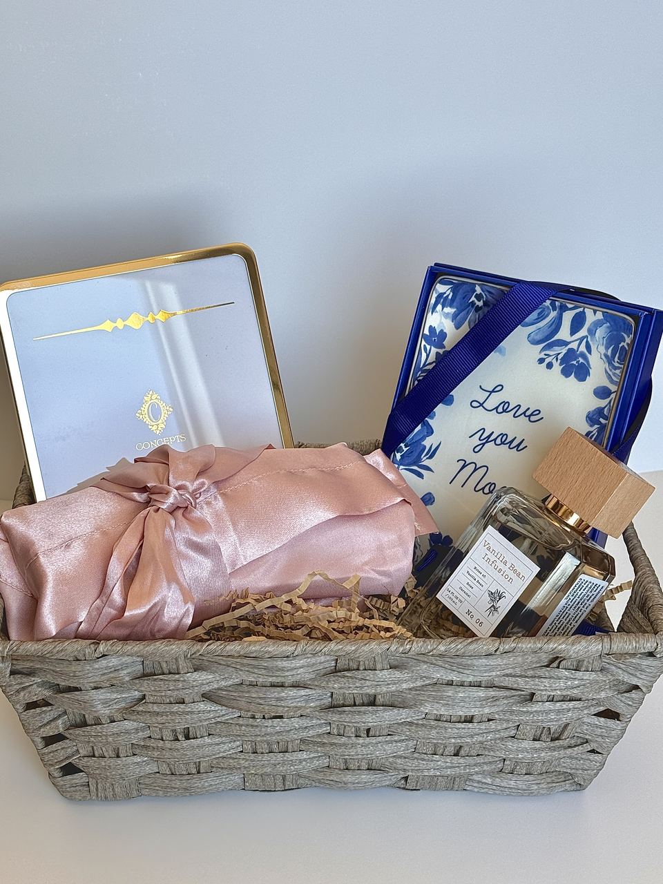 Blue and blush Mother's Day keepsake basket