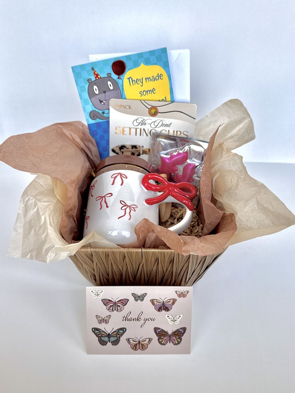Birthday gift basket with mug and hair accessories