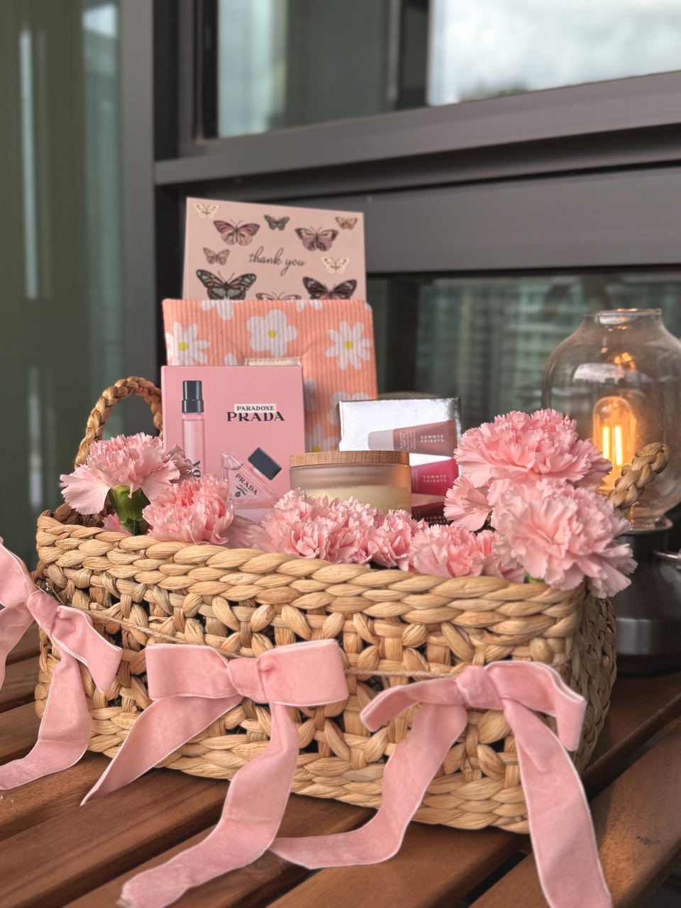 Luxury pink birthday basket with Prada fragrance and flowers