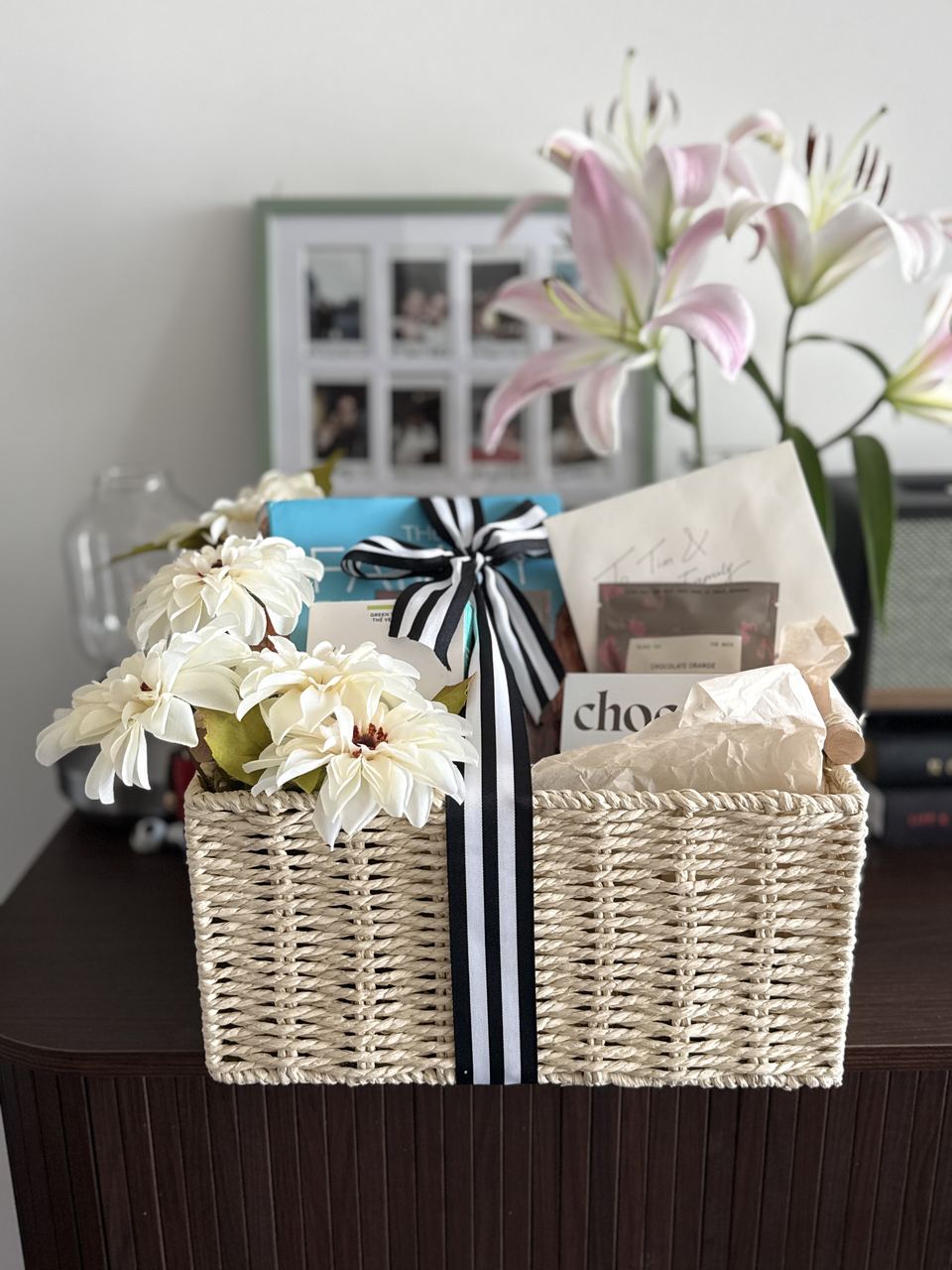 Large thank-you basket with flowers books tea and chocolate